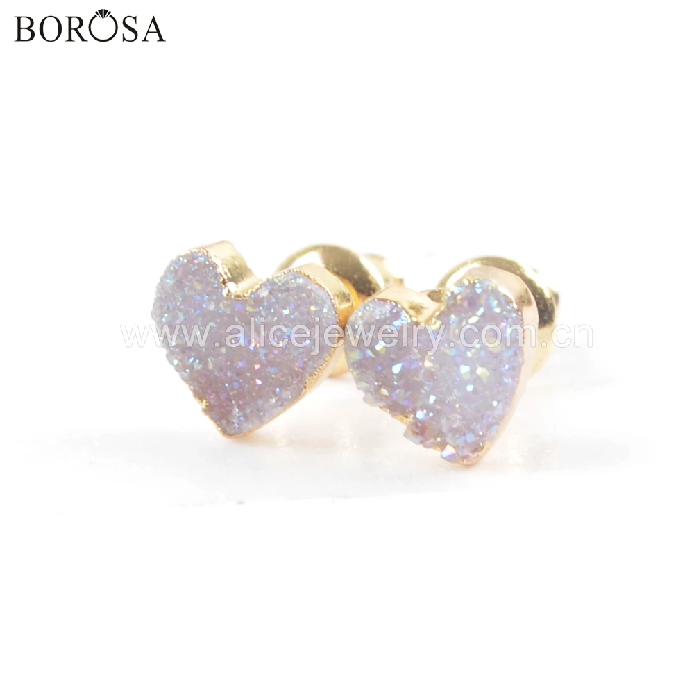 

BOROSA wholesale Heart Shape Natural Agates Titanium AB Druzy Stud Earring Gold Electroplated Drusy Studs fashion jewelry G1711