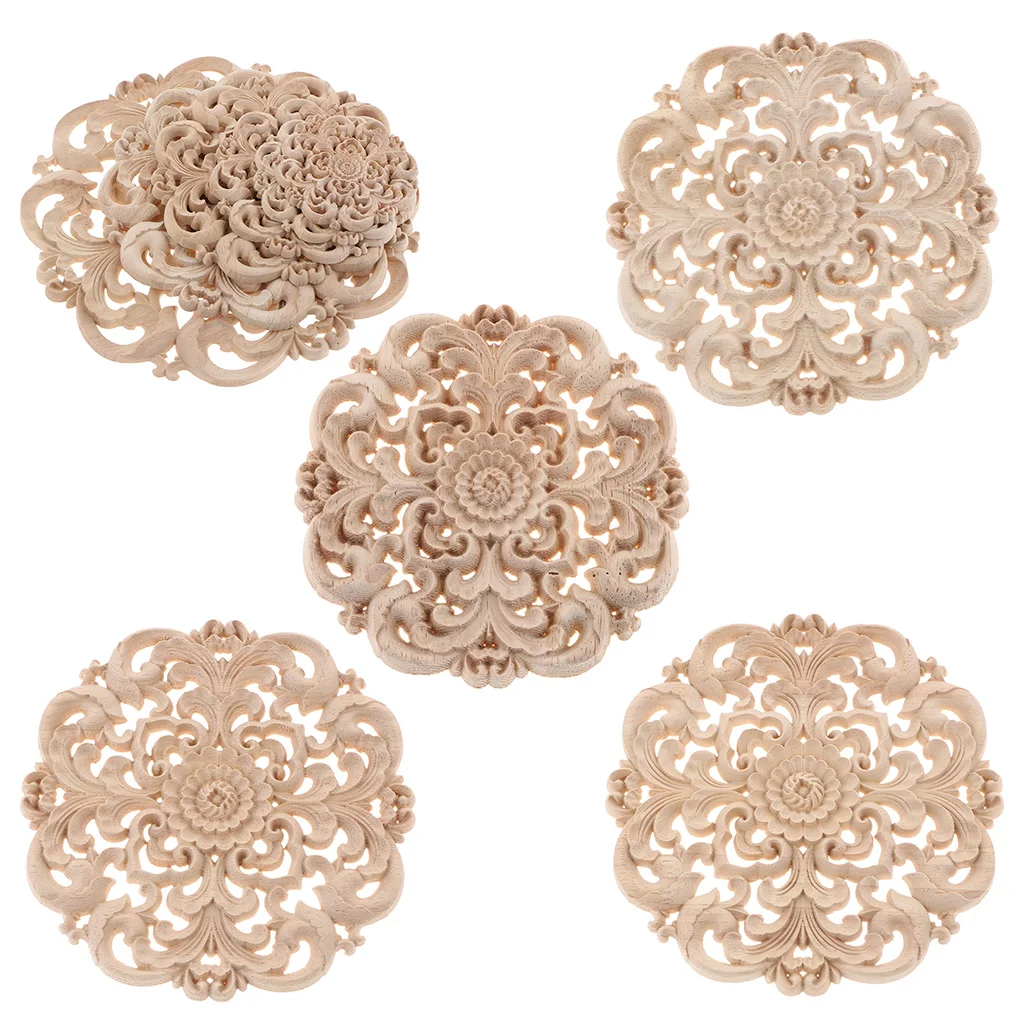 

1 Pcs Chinese Combines Western Design Wood Carving Flower Appliques Round Cabinet Onlay With Natural Color Not Painted