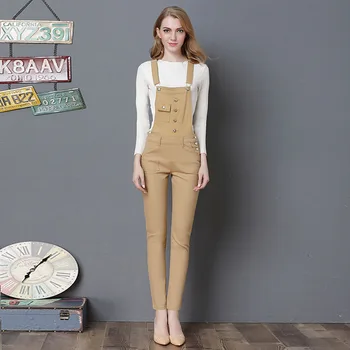 

Cute Women Strap Jumpsuit Denim Overalls 2018 Spring Autumn Khaki Ripped Pocket Button Full Length Denim Pencil Jeans Jumpsuit
