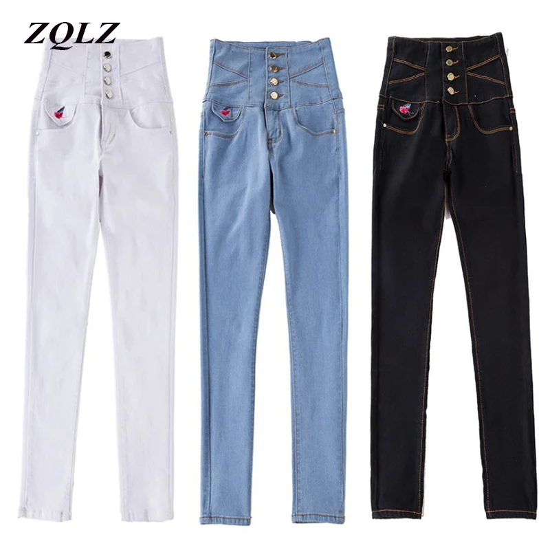 ZQLZ Embroidery Plus Size S-6xl Jeans Woman 2018 High Waist Black Pencil Denim Pants Women Skinny Washed Ruched Trousers Femme |