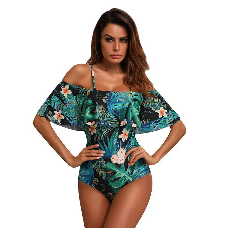 2018 Sexy Women Off Shoulder Swimsuit Leaves Printed Falbala Bikini Bodysuit Padded Bandeau One Piece Swimsuit Bodycon playa