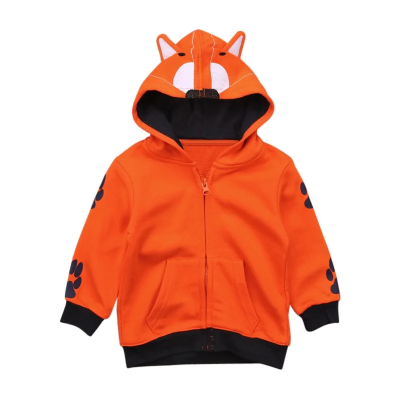 Модная одежда для маленьких детей ясельного возраста ребенка для мальчиком и девочек с животными одежда с капюшоном с рисунком лисички из мультфильма футболка на молнии теплая зимняя одежда осеннее пальто для детей - Цвет: Orange