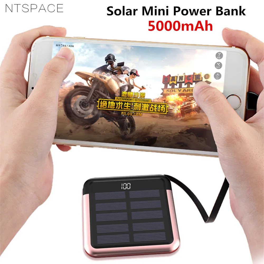 

Solar Mini Power Bank 2.0A Quick Charge Solar Powerbank 5000mAh Portable Fast Charging Mini Power External Battery with Cable