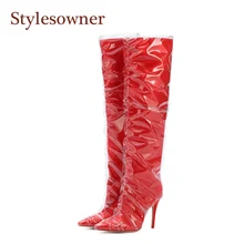 Stylesowner новые сапоги для женщин Атлас ПВХ завернутый 11 см тонкий каблук пикантная обувь для ночного клуба Bota красный черный сетка сапоги до колена Femme загрузки