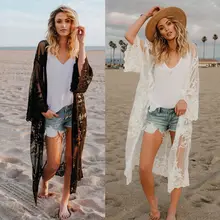 Praia pareo feminino rendas cardigan kaftan xale casaco wear roupa de banho capa para cima blusa 2019 sexy maiô capa para maiô(China)