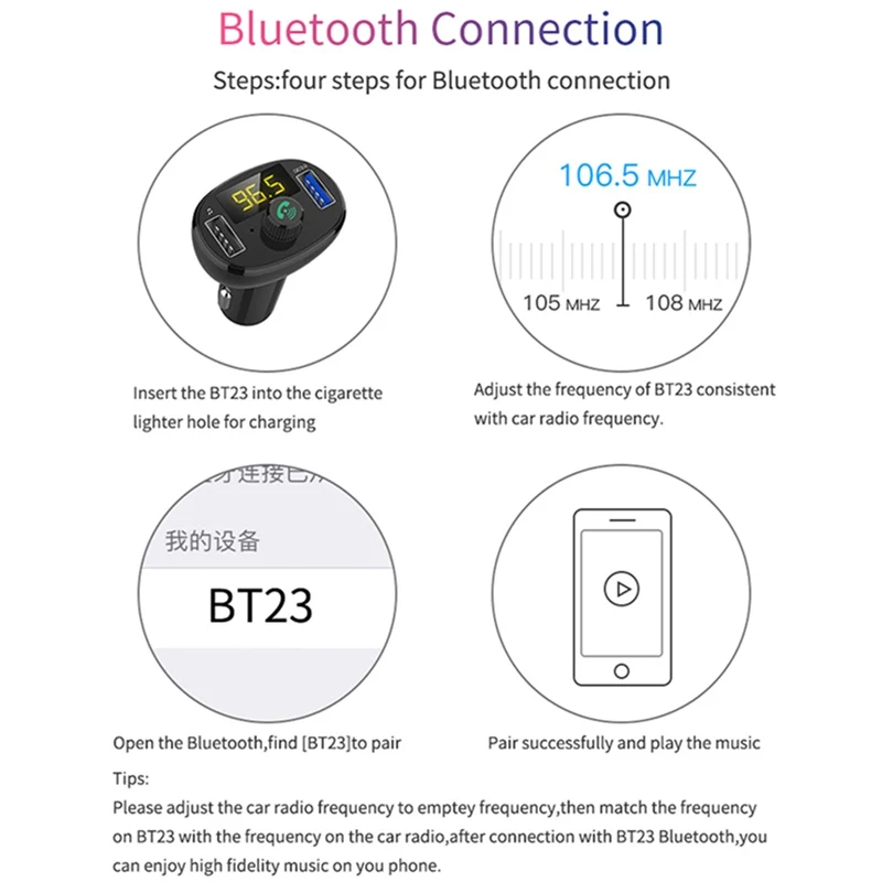 VicTsing Wireless Bluetooth Car FM Transmitter Radio Hands-Free Car Kit Double USB Charger Fast Charging Module Black 5V3A      (19)
