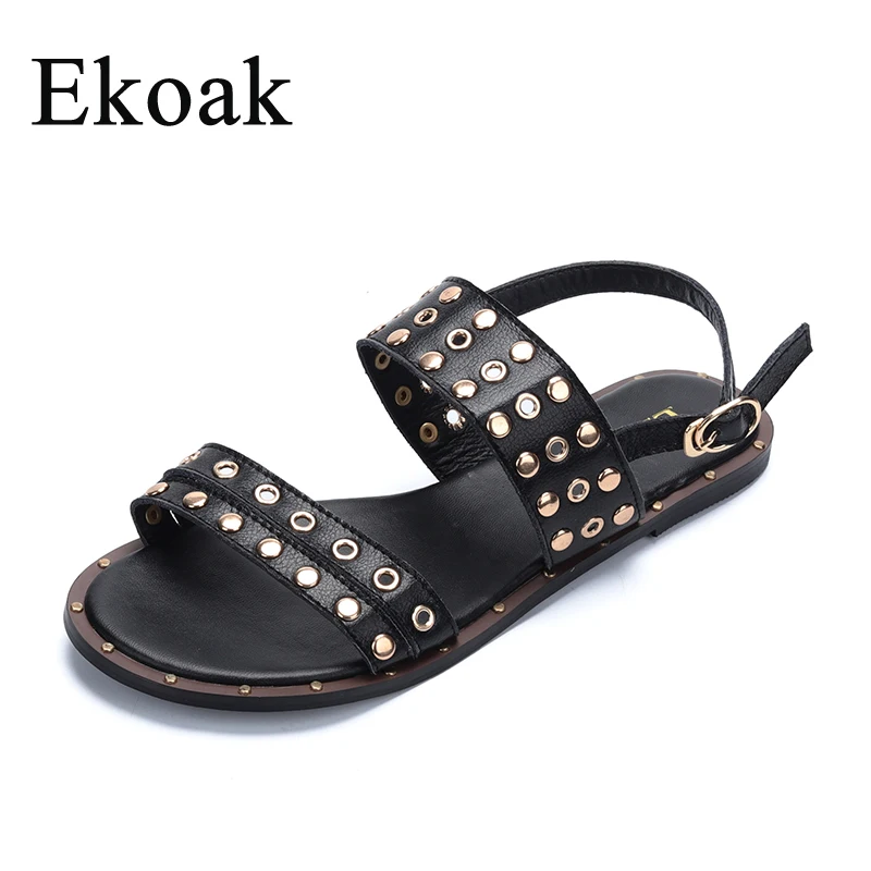 

Ekoak Cow Genuine Leather Sexy Rivets Women Gladiator Sandals Summer Fashion Sandals Shoes Woman Ladies Beach Flat Sandals