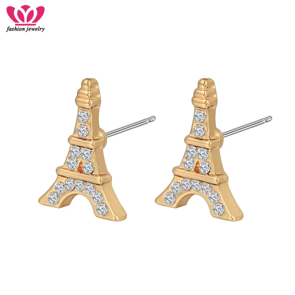 

Paris Eiffel Tower Pattern Crystal Stud Earrings Charming Tiny Classic Style Silver Earring For Fashion Women Jewelry Wholesale