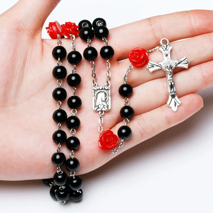 NingXiang 8mm Black Imitation Pearl Rosary Beads Catholic Necklace For