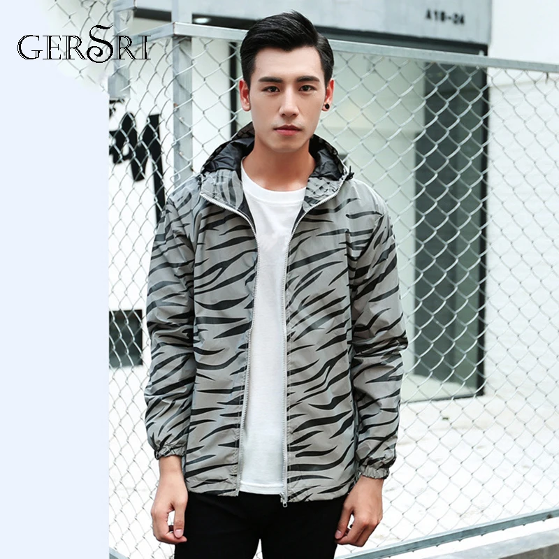 

Gersri Reflective zebra stripe casual double layer trench Jacket coat men student couple jacket youth jacket class spring autumn