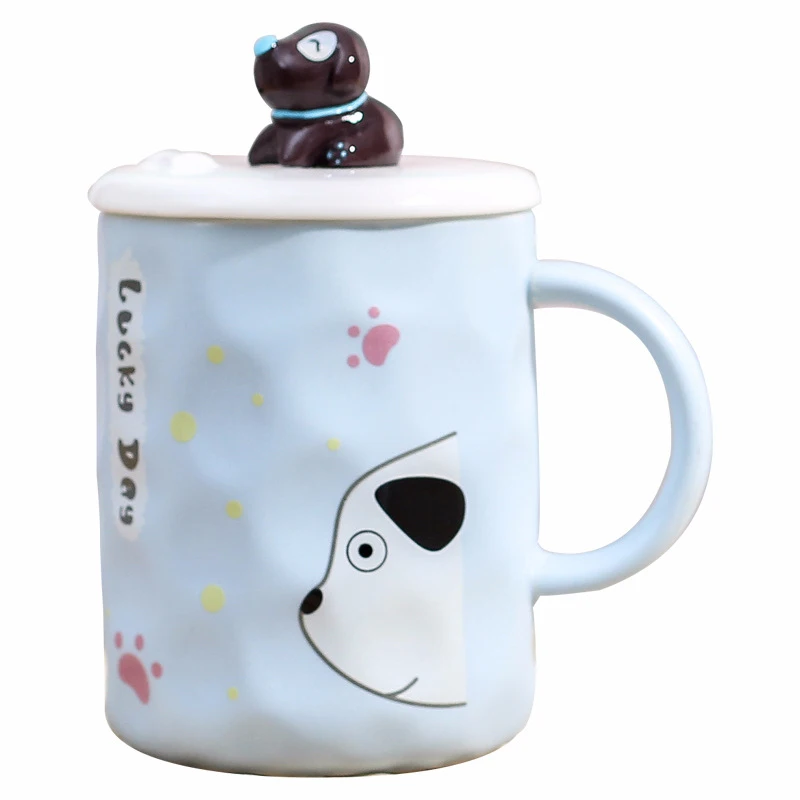3D тисненая Милая кружка собака с крышкой и ложкой, 410 мл керамическая чашка для завтрака, чашки для молока, парные кружки кофейная кружка для завтрака - Цвет: 03