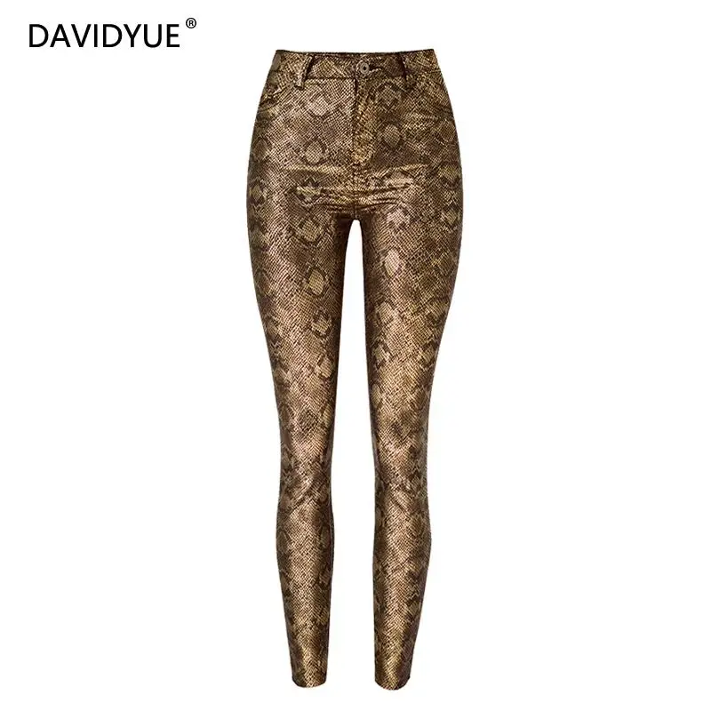 

Winter Gold Silver Snake Skin PU leather pants women Skinny High Waist pants Streetwear Punk rock Stretch Pencil pants 2018