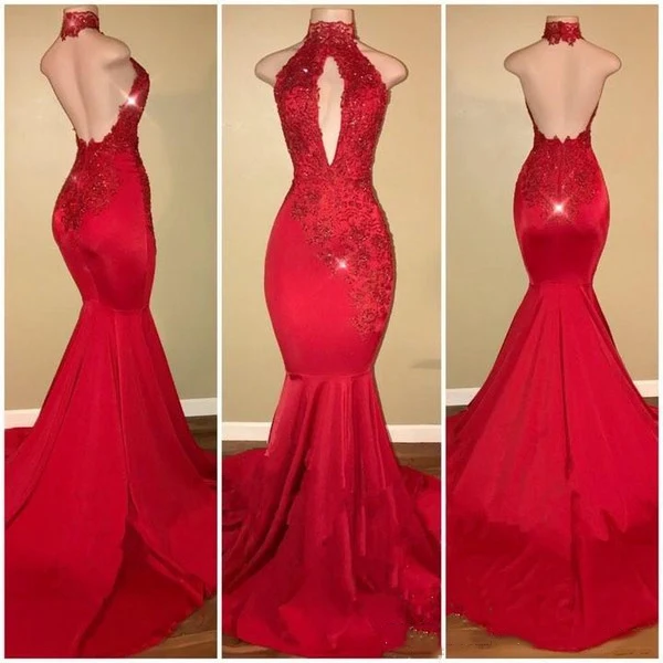 

Mermaid Prom Dresses 2019 Sexy Halter Red Blue Open Back Slit Bust Sweep vestidos de festa gala jurken Sparkling Prom Party Gown