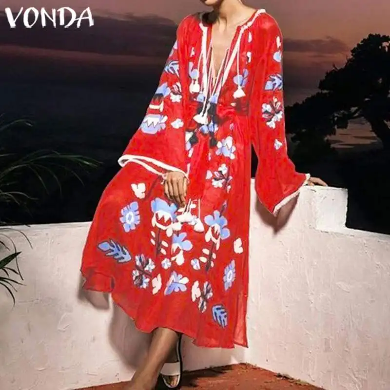 

VONDA Bohemian Maternity Dress Sexy Print Maxi Dress 2020 Long Sleeve Robe Femme Sexy Party Vestido Beach Pregnancy Sundress