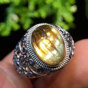 

Genuine Natural Yellow Gold Rutilated Quartz Women Man Engagement Adjustable Size Ring 13*9mm