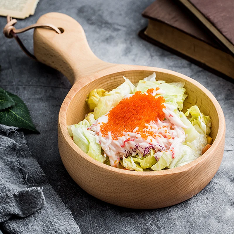 Japanese Style Long Handled Wooden Salad Bowl Fruit Pickles Serving Plate Large Wood Bowl Food Container Kitchen Wooden Utensils Tableware (1)