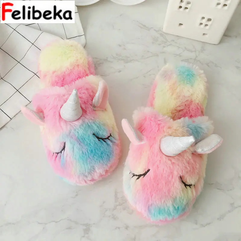 2021 new cute colorful velvet unicorn  plush shoes  women 