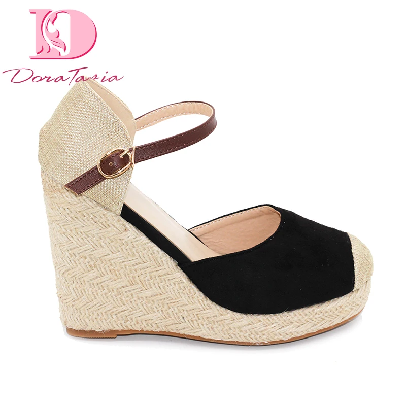 

DoraTasia 2019 big size 43 women's ankle-Strap Wedges High Heels Solid Shoes Woman summer Casual hohemia Straw Sandals Black