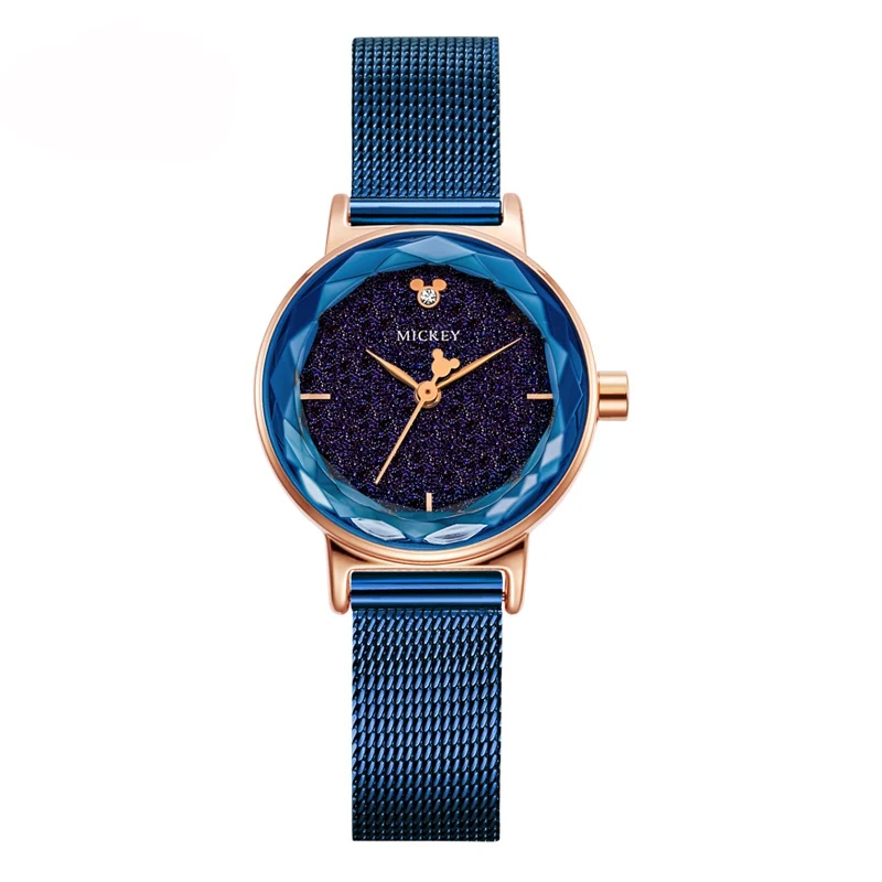 Микки Маус женские роскошные Кристальные Звездные кварцевые часы водонепроницаемые дамские Брендовые Часы disney Оригинальные качественные сетчатые часы - Цвет: Синий