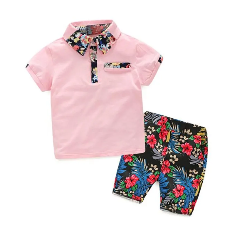 Одежда для мальчиков, 1 компл., летние детские футболки для маленьких мальчиков, топы+ штаны с цветочным принтом, одежда, одежда для малышей, 823 - Цвет: Розовый