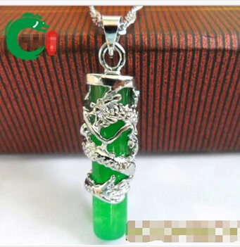 

Women's Lovely Chinese dragon totem column pendant Silver Green stone Necklace Excellent