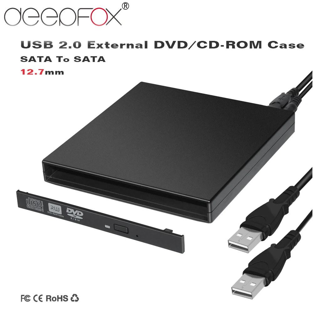 DeepFox Hard Plastic USB 2.0 SATA 12.7mm External DVD Enclosure DVD/CD-ROM Case For CD/DVD Optical Drive afbeelding