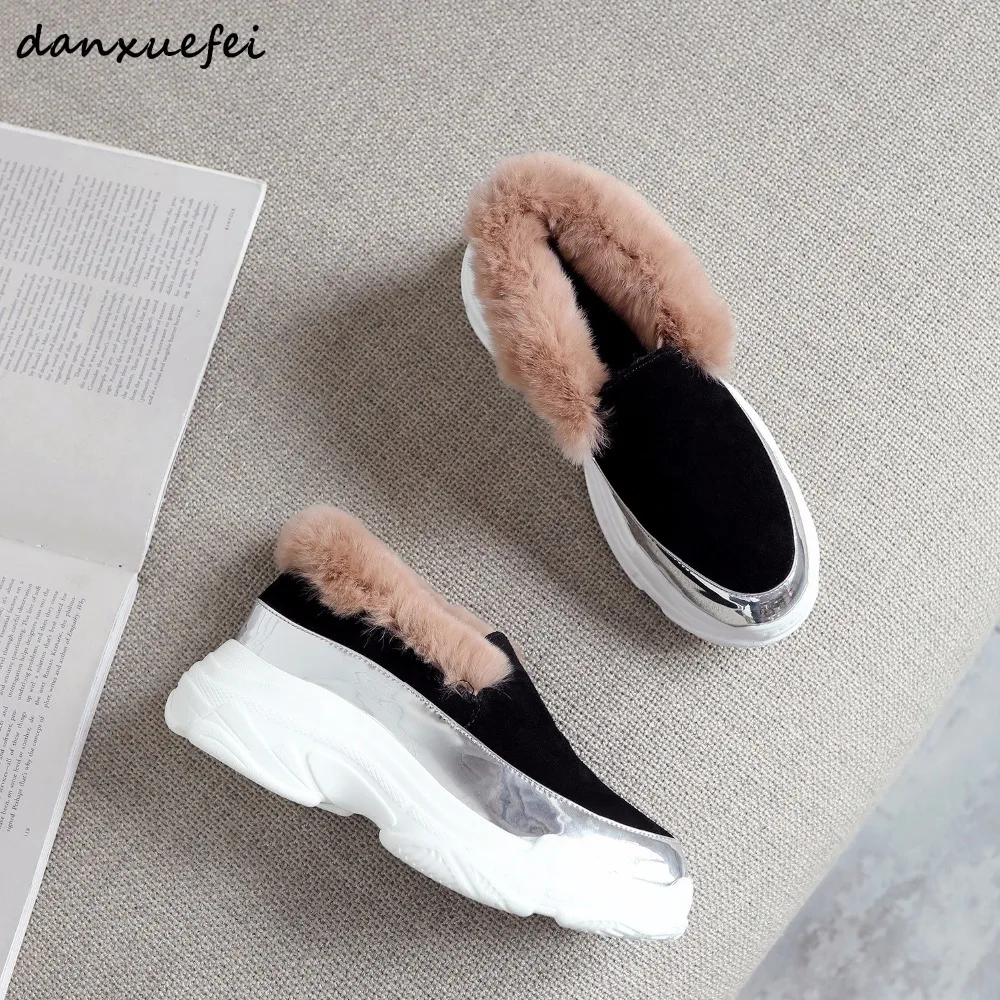 

Women's genuine suede leather platform flats loafers rabbit fur winter slip-on espadrilles comfortable sneakers casual shoes hot