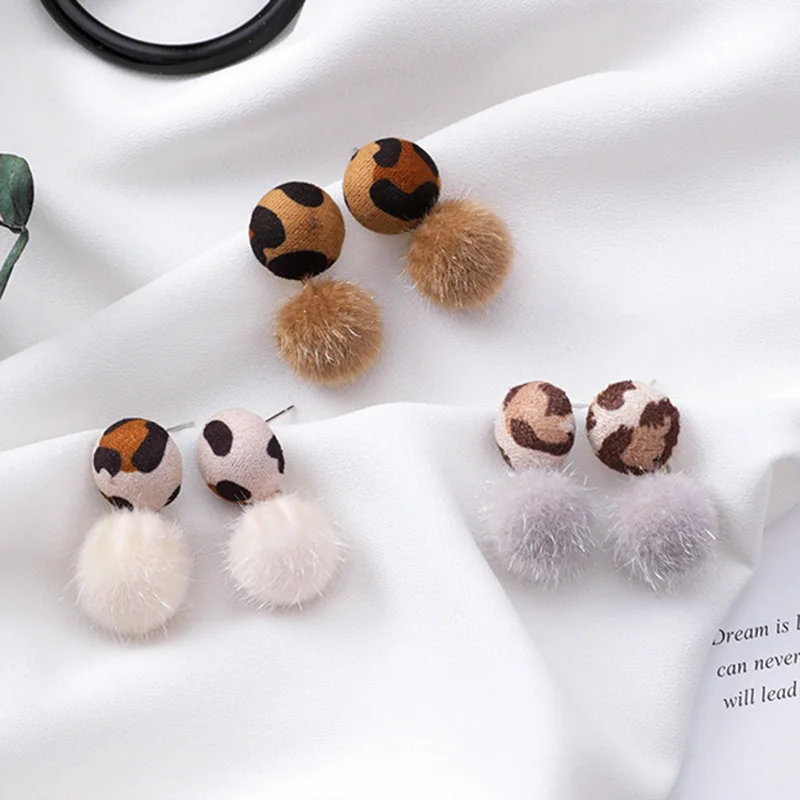 

2019 New Creative Cute Small Gray Coffee White Pompom Leopard Button Drop Earrings For Woman Ladies Sweet Korean Dangle Earring