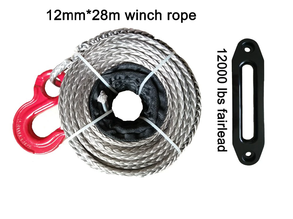 

Free Shipping 12MM * 28M Synthetic Winch Line / UHMWPE Rope With Hook and 12000 LBS Aluminum Hawse Fairlead
