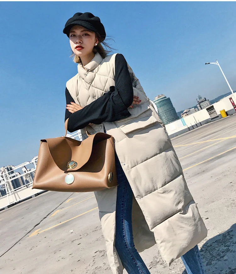 Cheerart Long Vest Winter Coat Women Sleeveless Down Jacket Slim Female Quilted Coat Femme Korean Waistcoat Colete