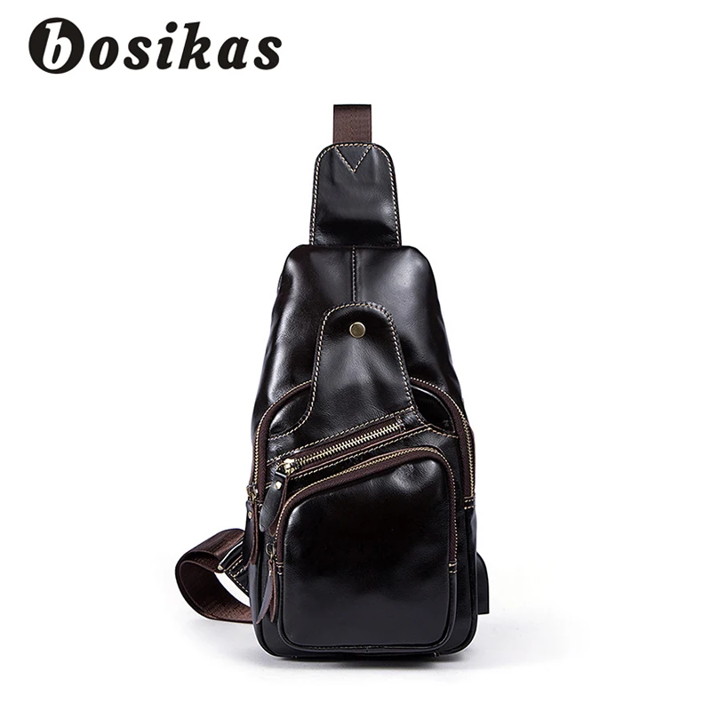 BOSIKAS Genuine Leather Men's Bags Men Messenger Bags Casual Chest Pack Leather Shoulder Bags Black Crossbody Bags for Men New