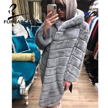

FURSARCAR Winter New 2018 Women Real Fur Coat Fashion Style Rex Rabbit Fur Coat With Fur Hood Luxury Thick Rex Rabbit Fur Jacket