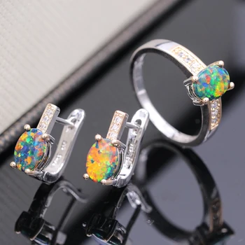 

GZJY Beautiful Romantic Multicolor Fire Opal Ring&Earrings Set Women Wedding Double Color Gold Color Set 4colors