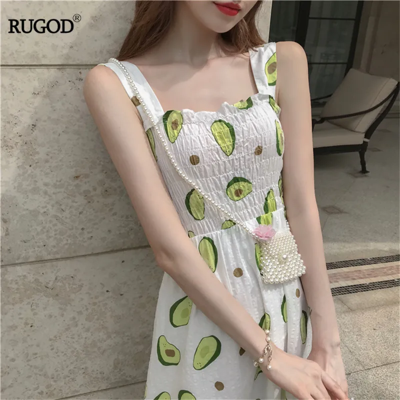 RUGOD/ корейские летние женские платья на бретельках с эластичным нагрудным принтом авокадо, платья с завышенной талией, повседневные женские платья