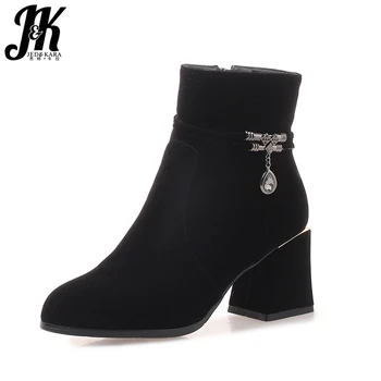 

JK Winter High Heels Ankle Women Boots Crystal Round Toe Flock Short Plush Footwear Female Bootie Casual Shoes Women 2018