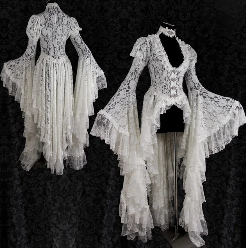 

Women Retro Vintage Solid Lace Medieval Cardigan Cosplay Elegant Long Tail Pleated Outwear Victorian Ball Gown Plus Size S-5XL
