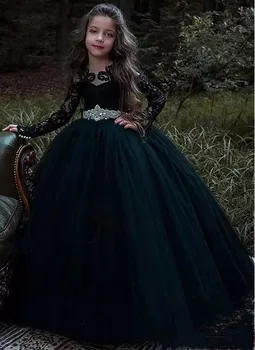 

New Navy Blue Puffy Tulle Flower Girl Dresses With Long Sleeves Lace Girls Party Dress Pageant Gown Princess Birthday Gown