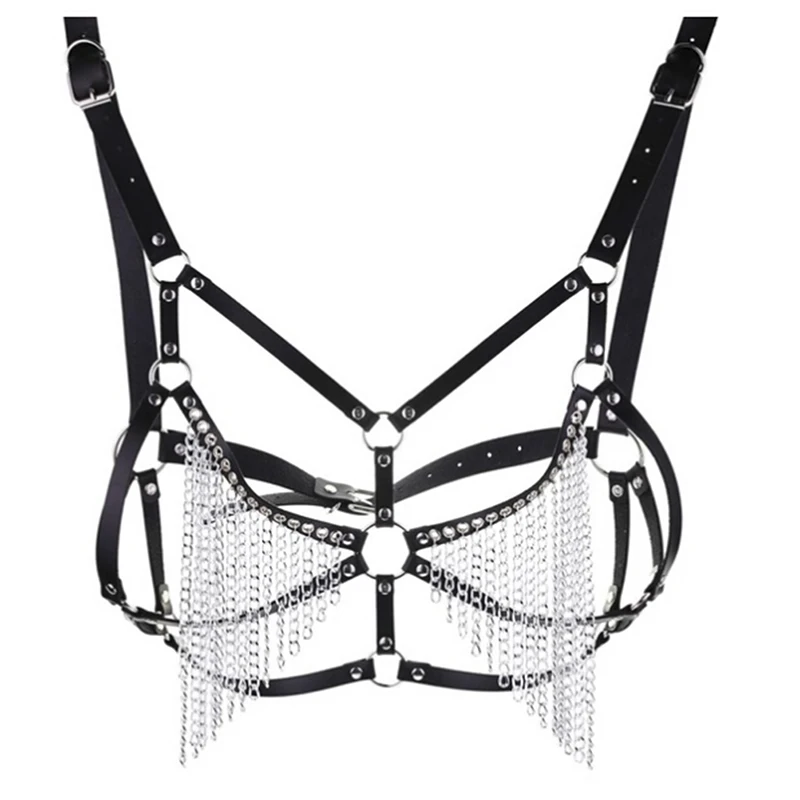 Leather Harness Belt Body Bondage Chest Straps Black Studded Rivet Cropped Top Fashion Punk Cupless Bra Top