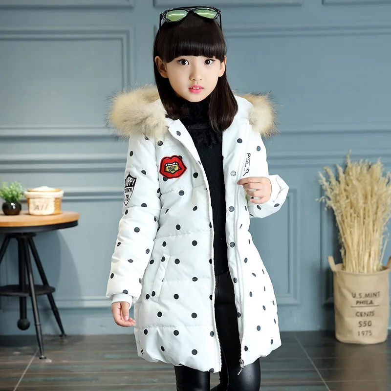 

2017 Kids Clothes Girls Winter Down Coat children's winter jackets Great girl polka dot Outerwear Coat Clothing with fur hood