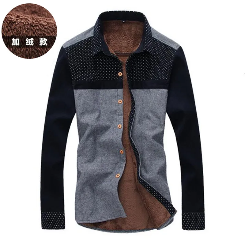 En Ligne Gauche ROM Automne Hiver 2018 Hommes Boutique de Coton Épais Chaud Polaire Dot Épissage manches longues Chemises Mince hommes Casual Shirts