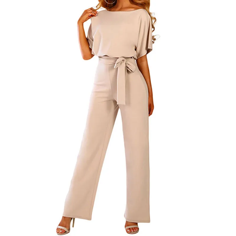 Apricot Jumpsuits SEBOWEL женский короткий рукав широкие комбинезоны с поясом Лето офисные женские повседневные длинные синие/черные комбинезоны комбинезон - Цвет: Apricot Jumpsuits