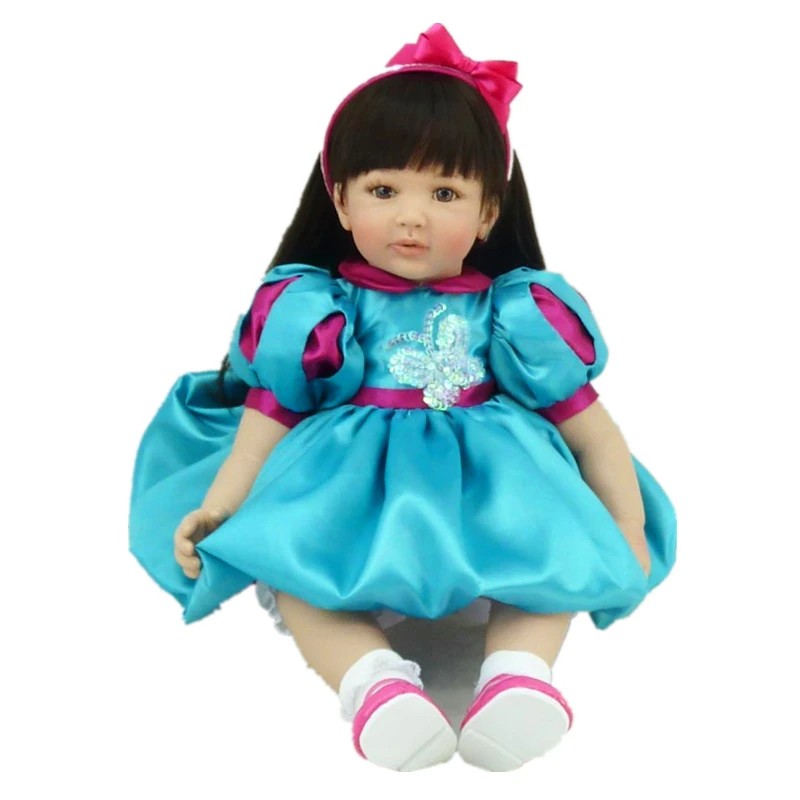 

22" High Quality Reborn boneca Birthday Gifts Silicone Vinyl Lifelike Toddler Dolls in Blue Silk Dress