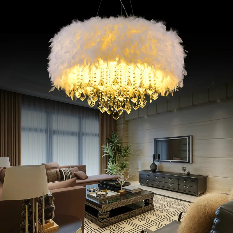 

European post modern crystal romantic E27 bulb chandeliers nordic creative feather dinning room remote control chandelier lamps