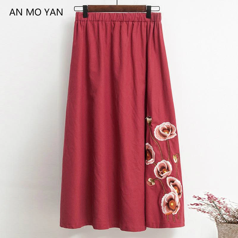 

Spring And Autumn Cotton Linen High Quality Women's Blue Skirt 2018 AN MO YAN Embroidery Harajuku Floral Ethnic Style Clothing