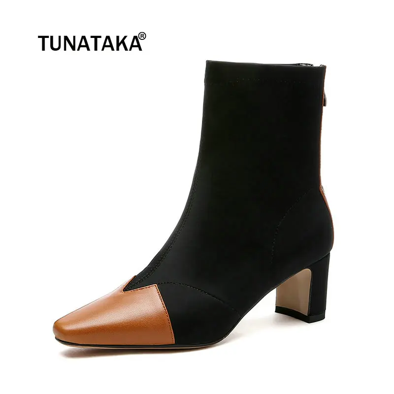 

Ladies Genuine Leather Thick Heel Ankle Boots Fashion Zipper Square Toe Fall Winter Stretch Bootie Black Silver Yellow