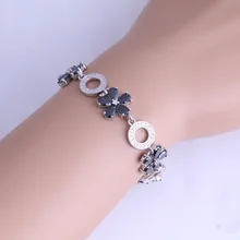  Top Quality Trendy Black Imitation Onyx & Cubic Zirconia Silver Color Flower Link Bracelets for Women Length 18.5CM B0092 