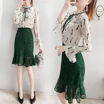 

Spring Hot Sale New Arrival Pattern Bow O-neck And Autumn 2019 Korean Version Of The Foreign Playful Shirt With Lace Skirt Suit