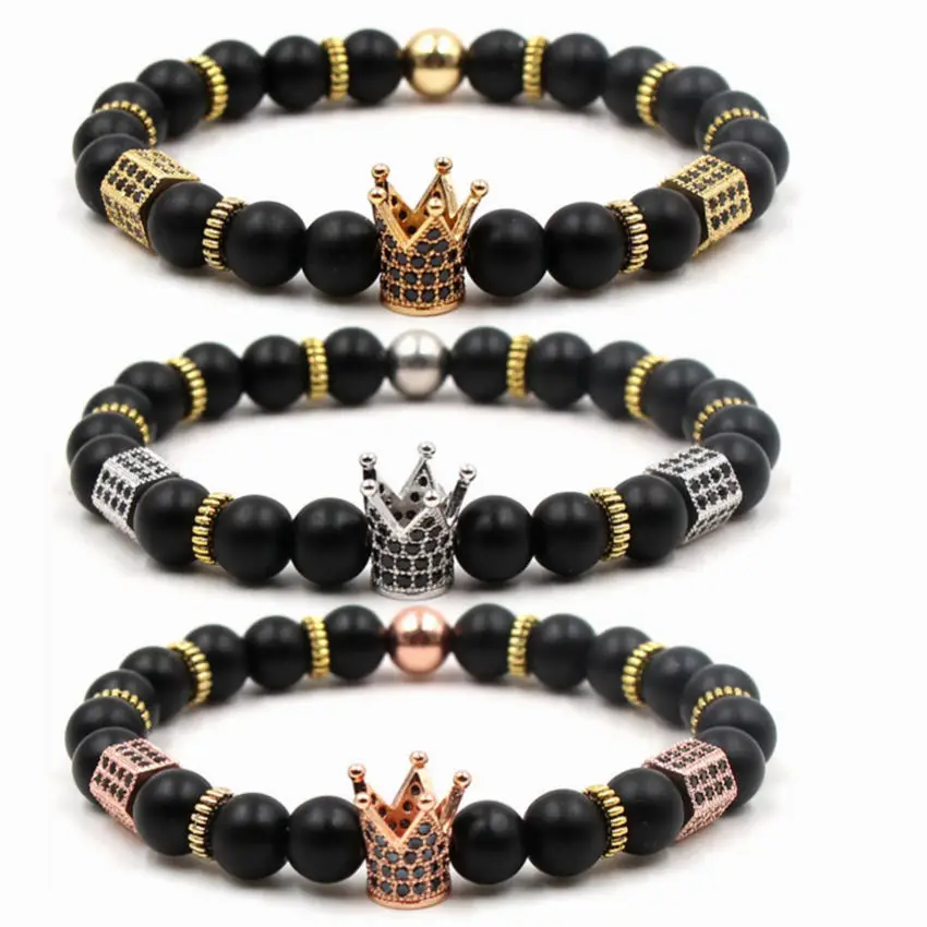 

NEW Micro Pave Black CZ Zirconia Gold King Crown Charm Bracelet Men Dull Polish Matte Stone Bead Bracelet