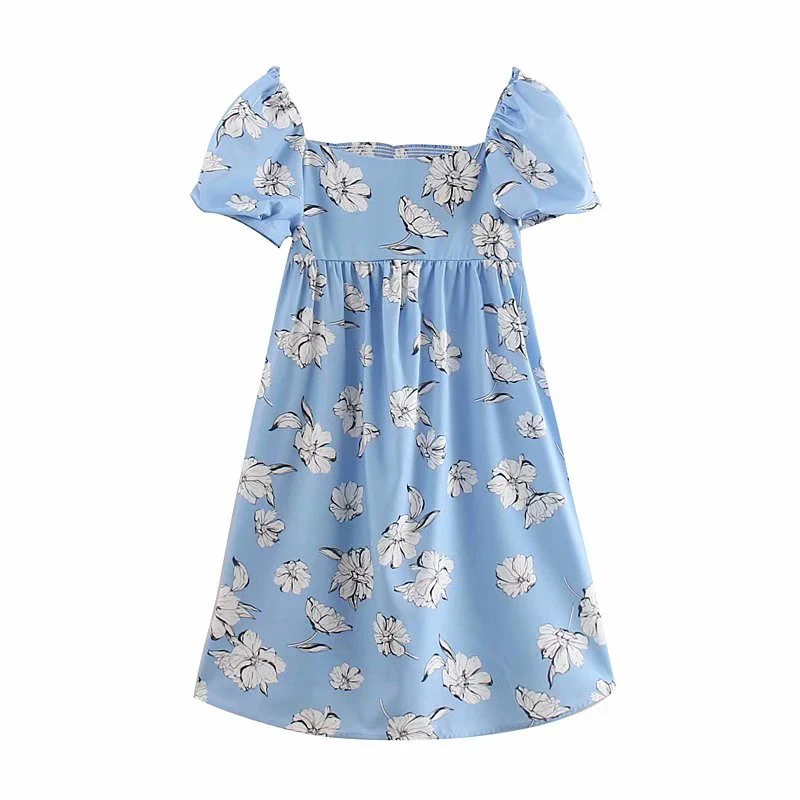 

Women Sweet Floral Print Above Knee Length Dress Puff Sleeve Back Elastic Design Side Zipper Fly Stylish Blue Dresses FFZYQ365
