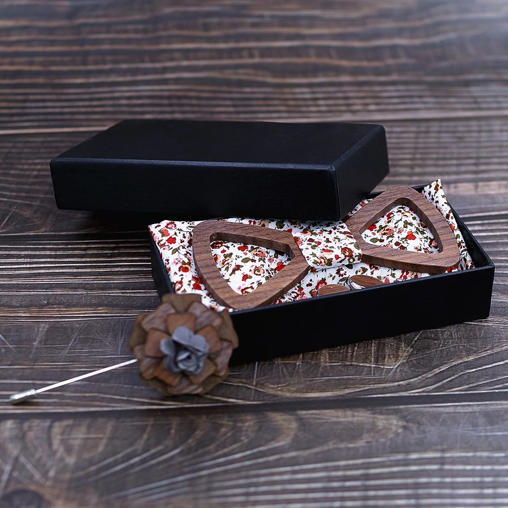  Men Wedding Party Polka Dot Carved Wood Bow Tie Cuff Links Handkerchief Bowtie Cufflinks And Brooch
